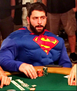 Jonathan Dwek returned to the Rio on Sunday in full Superman attire after surviving Day 5 of the WSOP Main Event.